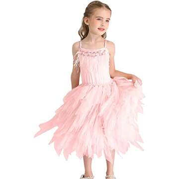MYRISAM Little Girl Swan Princess Feather Fringes Tutu Dress Pageant Party Wedding Dance Birthday Short Tiered Gown Pink 4-5T