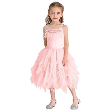 MYRISAM Little Girl Swan Princess Feather Fringes Tutu Dress Pageant Party Wedding Dance Birthday Short Tiered Gown Pink 4-5T