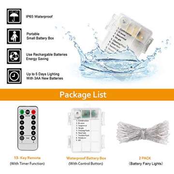 Koxly String Lights, 2 Pack Battery Operated String Lights with Remote Timer Waterproof 8 Modes 36ft 100 LED String Lights for Bedroom,Garden,Party,Xmas Tree Indoor Outdoor Decorations, Warm White