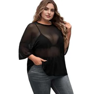 Beauty Plus Size Mesh Top - Short Sleeve Black Sheer Tee for Women