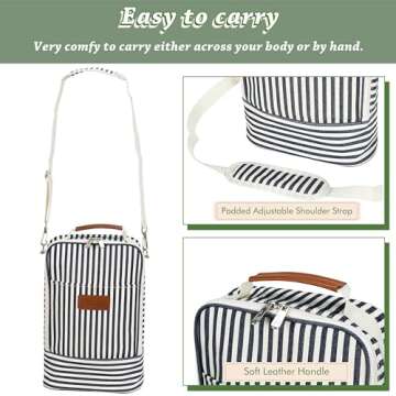 Tirrinia Insulated 2 Bottle Wine Gift Tote Bag - Wine Tumbler Glass Cooler Carrier for BYOB Restaurants, Wine Tasting, Travel, Park, Beach, Great Wine Lover Gift, Blue Stripe