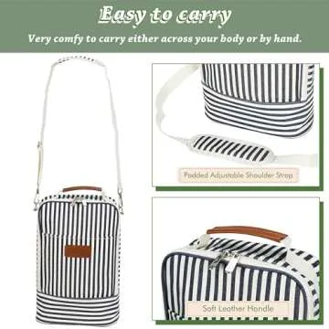 Tirrinia Insulated 2 Bottle Wine Gift Tote Bag - Wine Tumbler Glass Cooler Carrier for BYOB Restaurants, Wine Tasting, Travel, Park, Beach, Great Wine Lover Gift, Blue Stripe