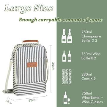Tirrinia Insulated 2 Bottle Wine Gift Tote Bag - Wine Tumbler Glass Cooler Carrier for BYOB Restaurants, Wine Tasting, Travel, Park, Beach, Great Wine Lover Gift, Blue Stripe