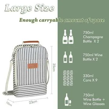 Tirrinia Insulated 2 Bottle Wine Gift Tote Bag - Wine Tumbler Glass Cooler Carrier for BYOB Restaurants, Wine Tasting, Travel, Park, Beach, Great Wine Lover Gift, Blue Stripe