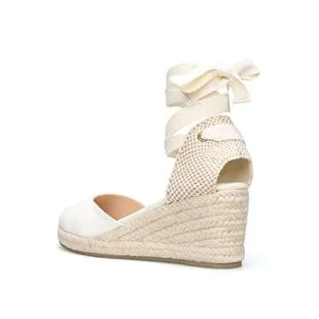 Women’s Platform Wedges Espadrilles, 2.5" Wedge, Soft Ankle-Tie Strap, Closed Toe, Classic Summer Sandals White 8.5 Size