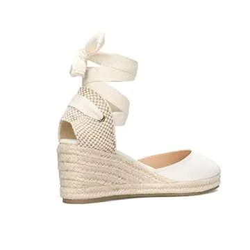 Women’s Platform Wedges Espadrilles, 2.5" Wedge, Soft Ankle-Tie Strap, Closed Toe, Classic Summer Sandals White 8.5 Size