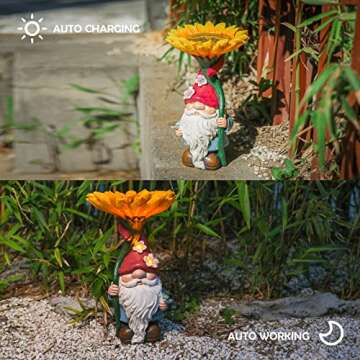 MUMTOP Garden Gnome Statue with Sunflower Bird Bath Outdoor Decor, Gnome Birdbaths Bird Feeder with Solar LED Light Waterproof Garden Sculpture for Yard Garden Lawn Outdoor Decorations
