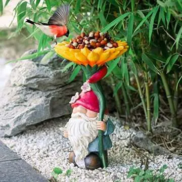 MUMTOP Garden Gnome Statue with Sunflower Bird Bath Outdoor Decor, Gnome Birdbaths Bird Feeder with Solar LED Light Waterproof Garden Sculpture for Yard Garden Lawn Outdoor Decorations