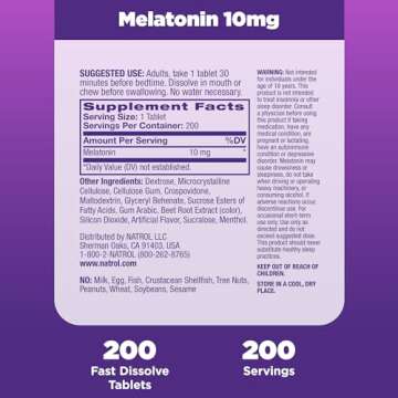 Natrol Fast Dissolve Melatonin 10 mg, Melatonin Supplements for Restful Sleep, Sleep Support for Adults, 200 Strawberry-Flavored Tablets, Up to a 200 Day Supply