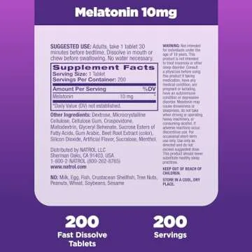 Natrol Fast Dissolve Melatonin 10 mg, Melatonin Supplements for Restful Sleep, Sleep Support for Adults, 200 Strawberry-Flavored Tablets, Up to a 200 Day Supply