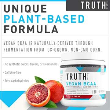 Truth Nutrition Vegan BCAA Powder- 2:1:1 Ratio Natural BCAAs Amino Acids Powder for Energy, Muscle Building, Post Workout Recovery Drink for Muscle Recovery (Blood Orange, 30 Servings)