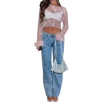 Women's Sexy Pearl Rhinestone Sheer Mesh Fishnet Net Feather Long T-Shirt Crop Top (Pink, XL)