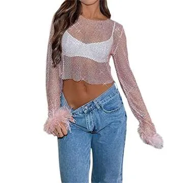 Women's Sexy Pearl Rhinestone Sheer Mesh Fishnet Net Feather Long T-Shirt Crop Top (Pink, XL)