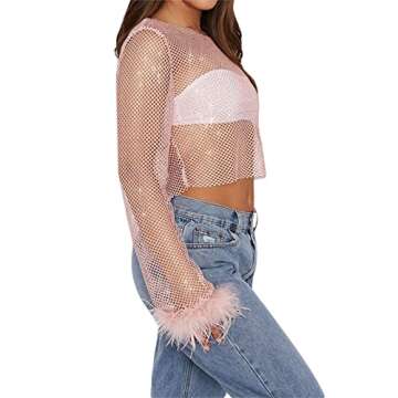 Women's Sexy Pearl Rhinestone Sheer Mesh Fishnet Net Feather Long T-Shirt Crop Top (Pink, XL)