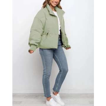UANEO Womens Casual Padded Full Zip Stand Collar Long Sleeve Puffer Jackets (Green-S)