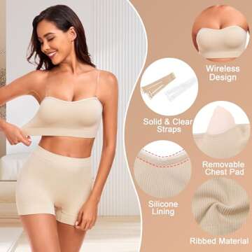 SIMIYA Strapless Bras for Women Non-Slip Wirefree Strapless Bra Removable Pads Clear Wireless Bandeau Bra Tube Top Bra