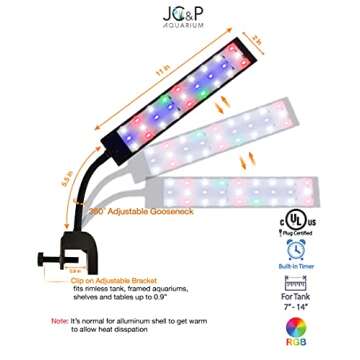 JC&P Full Spectrum Aquarium LED Adjustable Clip on Light with Red, Green, Blue and White LEDs Aquatic Fish Tank Light with Dimmer, Timer, Color Modes and Control 10"