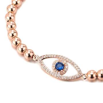 COOLSTEELANDBEYOND Rose Gold Protection Evil Eye Beads Women Bracelet with Blue White Cubic Zirconia