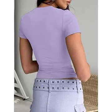 Abardsion Women's Casual Basic Going Out Crop Tops Slim Fit Short Sleeve Crew Neck Tight T Shirts (P...