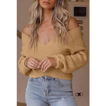ZCSIA Women's Wrap V Neck Cropped Sweaters 2024 Fall Long Sleeve Cross Front Off Shoulder Solid Knitted Pullover Tops,Camel,Small