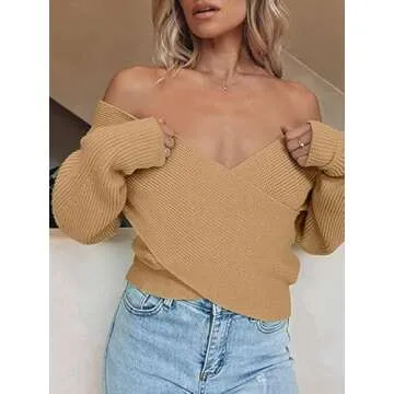 ZCSIA Women's Wrap V Neck Cropped Sweaters 2024 Fall Long Sleeve Cross Front Off Shoulder Solid Knitted Pullover Tops,Camel,Small