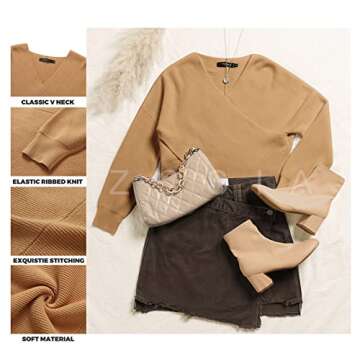 ZCSIA Women's Wrap V Neck Cropped Sweaters 2024 Fall Long Sleeve Cross Front Off Shoulder Solid Knitted Pullover Tops,Camel,Small