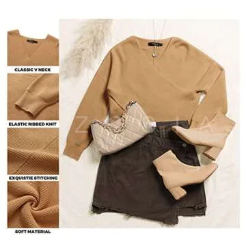 ZCSIA Women's Wrap V Neck Cropped Sweaters 2024 Fall Long Sleeve Cross Front Off Shoulder Solid Knitted Pullover Tops,Camel,Small