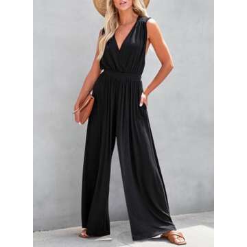 Dokotoo Jumpsuit for Womens Dressy Casual Deep V Neck 2025 Resort Wear Sleeveless Dress One Piece Open Back Long Romper Elastic Waist with Pockets Outfits for Summer,Black Large