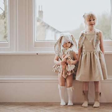 Baby Girl Easter Outfit Vintage Onesie Overalls and Bunny Ears/Toddler Dress Sister Mathing Clothes with Tail (Onesie Bunny Beige,3-6 Months)