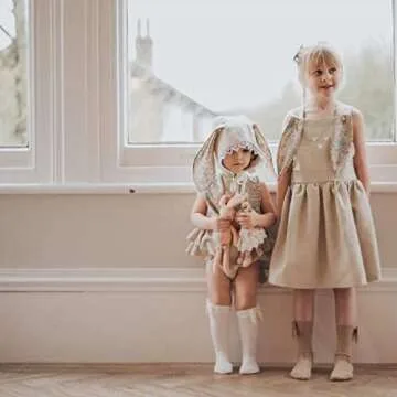 Baby Girl Easter Outfit Vintage Onesie Overalls and Bunny Ears/Toddler Dress Sister Mathing Clothes with Tail (Onesie Bunny Beige,3-6 Months)