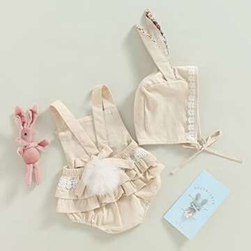 Baby Girl Easter Outfit Vintage Onesie Overalls and Bunny Ears/Toddler Dress Sister Mathing Clothes with Tail (Onesie Bunny Beige,3-6 Months)