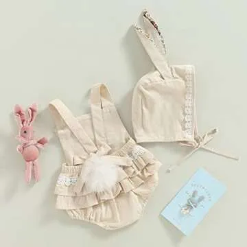 Baby Girl Easter Outfit Vintage Onesie Overalls and Bunny Ears/Toddler Dress Sister Mathing Clothes with Tail (Onesie Bunny Beige,3-6 Months)