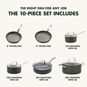 GreenPan Chatham Hard Anodized Healthy Ceramic Nonstick 10 Piece Cookware Pots and Pans Set, Frying Pan Skillets, Saucepans, Saute Pan, Stockpot, Lids, PFAS & PFOA-Free, Dishwasher & Oven Safe, Gray