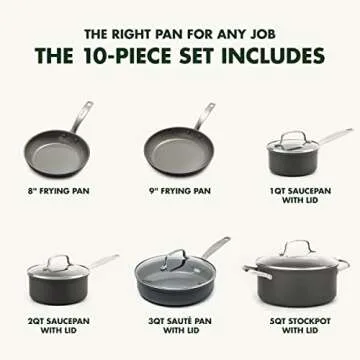 GreenPan Chatham Hard Anodized Healthy Ceramic Nonstick 10 Piece Cookware Pots and Pans Set, Frying Pan Skillets, Saucepans, Saute Pan, Stockpot, Lids, PFAS & PFOA-Free, Dishwasher & Oven Safe, Gray