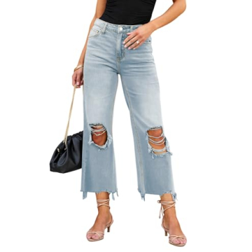 LOLONG High Waisted Ripped Flare Jeans for Women Trendy Distressed Stretchy Bell Bottom Pants Blue