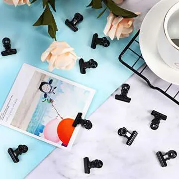 100 Pieces Metal Clips Hinge Clips for Paper Organizers, Photo Wall Decoration, Home and Office Decoration, 0.87 Inch, Black Gold (Black)