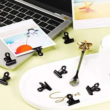100 Pieces Metal Clips Hinge Clips for Paper Organizers, Photo Wall Decoration, Home and Office Decoration, 0.87 Inch, Black Gold (Black)