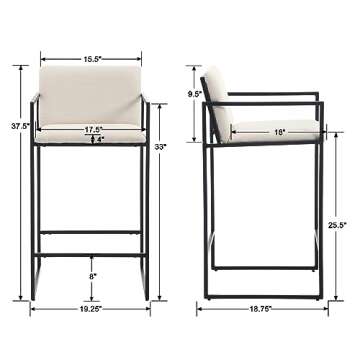 LIVINOVA Modern Counter Height Bar Stools, Set of 2 Cream Upholstered Stools with Black Frame