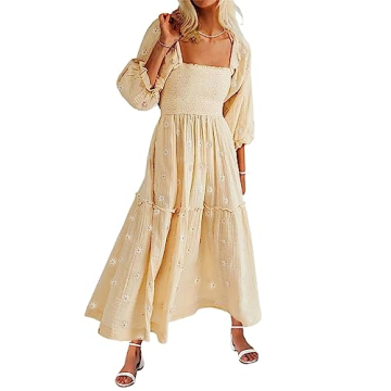 AnotherChill Women's Casual Embroidered Maxi Dress Floral Flowy Square Neck Dresses with Puff Sleeve...