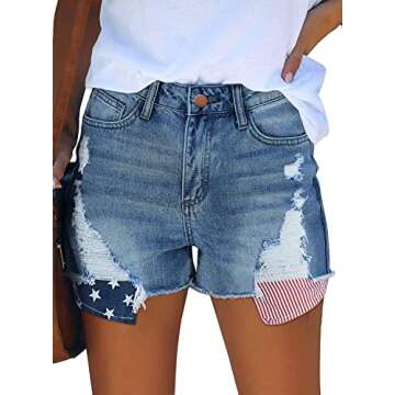 MINGALONDON Women’s Stretchy Mid Rise Distressed Denim Shorts with American Flag Patch