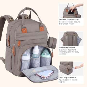 BabbleRoo Diaper Bag Backpack - Baby Essentials Travel Tote - Multi function Waterproof Diaper Bag, Travel Essentials Baby Bag with Changing Pad, Stroller Straps & Pacifier Case - Unisex, Khaki