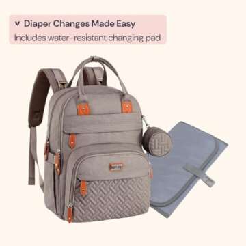 BabbleRoo Diaper Bag Backpack - Baby Essentials Travel Tote - Multi function Waterproof Diaper Bag, Travel Essentials Baby Bag with Changing Pad, Stroller Straps & Pacifier Case - Unisex, Khaki