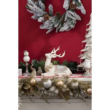 Reindeer-Figurine Christmas-Decorations Sitting Deer Statue - Cream and Gold Collectible Table Desk Decor 10.6L x 4.5W x 9.5H inch Neman House Studio