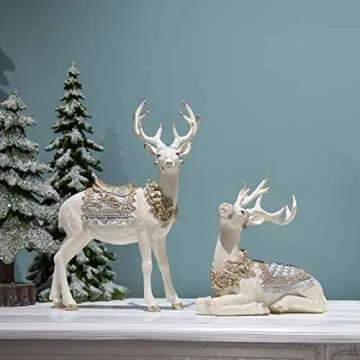 Reindeer-Figurine Christmas-Decorations Sitting Deer Statue - Cream and Gold Collectible Table Desk Decor 10.6L x 4.5W x 9.5H inch Neman House Studio