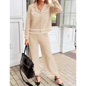 ZESICA Womens Fall Knit Two Piece Outfits Casual Long Sleeve V Neck Sweater Shirts and Wide Leg Pants Matching Lounge Sets Apricot M