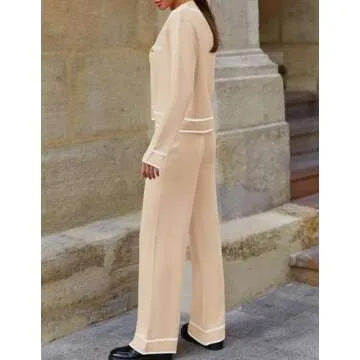 ZESICA Womens Fall Knit Two Piece Outfits Casual Long Sleeve V Neck Sweater Shirts and Wide Leg Pants Matching Lounge Sets Apricot M
