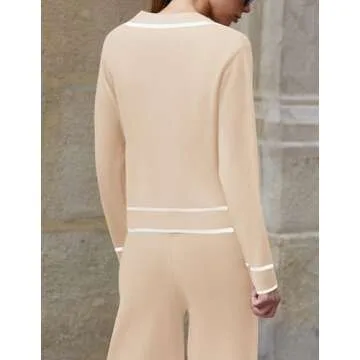 ZESICA Womens Fall Knit Two Piece Outfits Casual Long Sleeve V Neck Sweater Shirts and Wide Leg Pants Matching Lounge Sets Apricot M