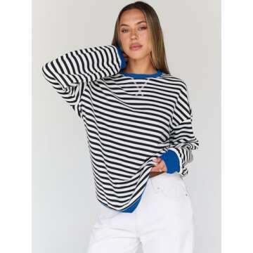 Trendy Queen Oversized Sweatshirt for Women 2024 Fall Crewneck Striped Long Sleeve Shirts Hoodies Preppy Top Y2K Outfits SEBlackWhite S