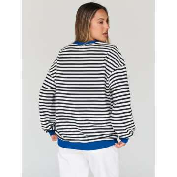 Trendy Queen Oversized Sweatshirt for Women 2024 Fall Crewneck Striped Long Sleeve Shirts Hoodies Preppy Top Y2K Outfits SEBlackWhite S