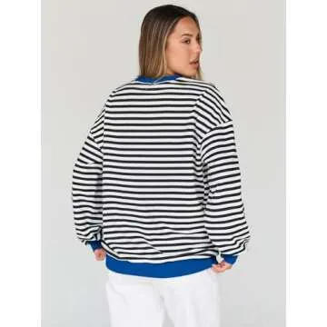 Trendy Queen Oversized Sweatshirt for Women 2024 Fall Crewneck Striped Long Sleeve Shirts Hoodies Preppy Top Y2K Outfits SEBlackWhite S